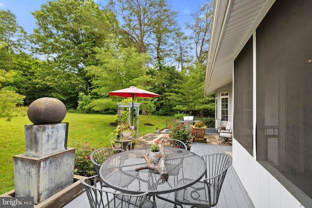 1399 N Royal Ave, Front Royal, VA 22630 - view of patio / terrace with outdoor dining area, view of wooded area, and a wooden deck