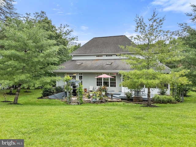 1399 N Royal Ave, Front Royal, VA 22630 - back of house with a lawn, a patio, a shingled roof, and stucco siding
