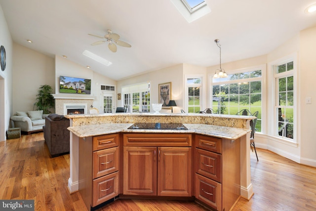 1399 N Royal Ave, Front Royal, VA 22630 - kitchen with a skylight, black electric stovetop, a ceiling fan, a lit fireplace, and light wood-type flooring