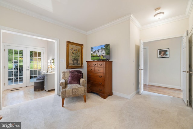 1399 N Royal Ave, Front Royal, VA 22630 - living area with french doors, crown molding, carpet flooring, and baseboards