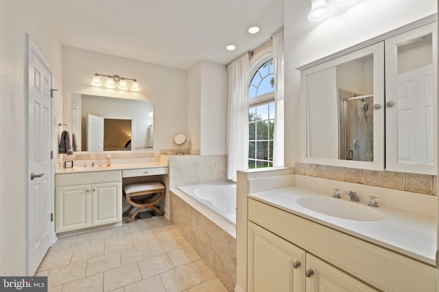 1399 N Royal Ave, Front Royal, VA 22630 - bathroom with a shower stall, a bath, vanity, tile patterned flooring, and recessed lighting