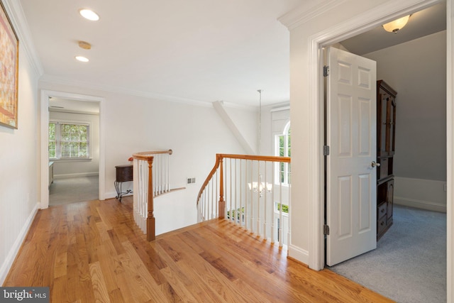 1399 N Royal Ave, Front Royal, VA 22630 - hall featuring an upstairs landing, light wood-type flooring, recessed lighting, crown molding, and baseboards