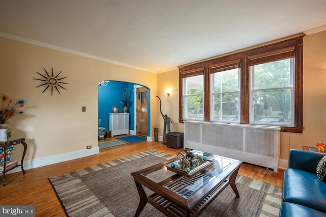 4800 Illinois Ave NW, Washington, DC 20011 - living room with radiator heating unit, arched walkways, crown molding, wood finished floors, and healthy amount of natural light