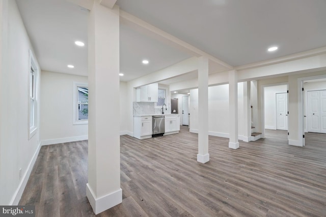 2908 Parkland Dr, District Heights, MD 20747 - below grade area featuring baseboards, wood finished floors, recessed lighting, stairway, and a sink