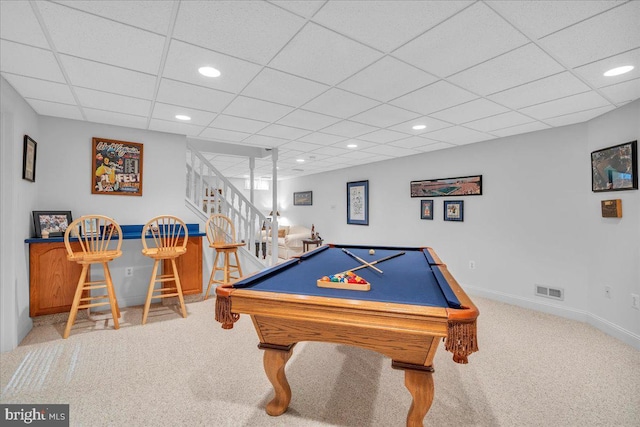 3026 5th St S, Voorhees, NJ 08043 - playroom featuring carpet floors, recessed lighting, baseboards, a drop ceiling, and billiards
