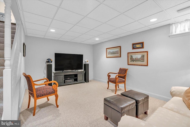 3026 5th St S, Voorhees, NJ 08043 - carpeted living area featuring recessed lighting, a paneled ceiling, stairway, and baseboards