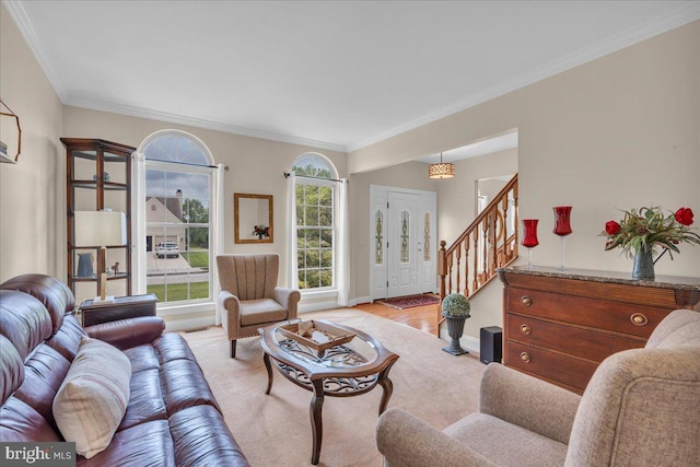 3026 5th St S, Voorhees, NJ 08043 - living room with ornamental molding, stairway, and baseboards