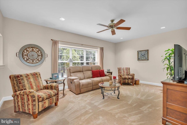 3026 5th St S, Voorhees, NJ 08043 - carpeted living room with ceiling fan, baseboards, and recessed lighting