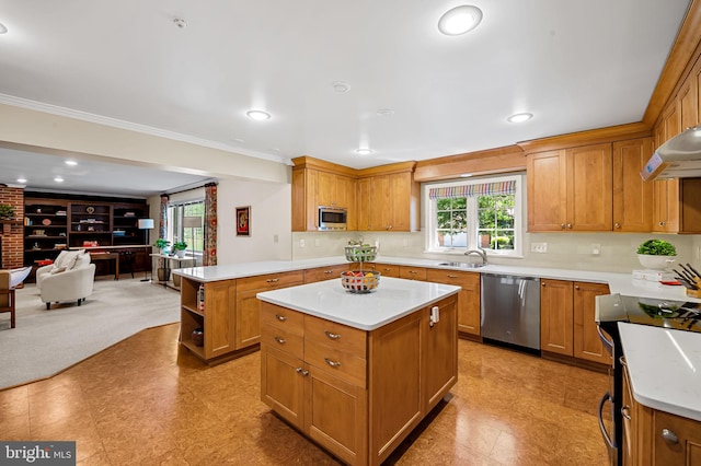 5702 Ainsley Garth, Baltimore, MD 21212 - kitchen featuring stainless steel appliances, light countertops, open floor plan, ornamental molding, and brown cabinetry