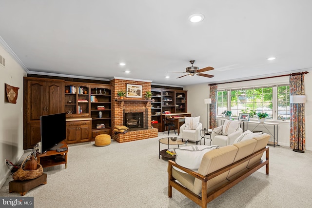 5702 Ainsley Garth, Baltimore, MD 21212 - living room featuring light carpet, recessed lighting, a brick fireplace, a ceiling fan, and ornamental molding