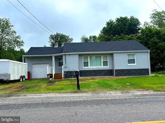 423 S E Ave, Bridgeton, NJ 08302 - ranch-style home with an attached garage, a front lawn, a chimney, and stone siding