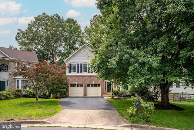 47561 Hidden Cove Ct, Sterling, VA 20165 - obstructed view of property featuring asphalt driveway, a front yard, an attached garage, and brick siding
