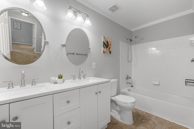 47561 Hidden Cove Ct, Sterling, VA 20165 - bathroom with toilet, ornamental molding, double vanity, bathtub / shower combination, and tile patterned flooring
