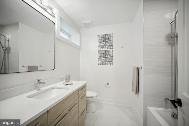 1744 Lanier Pl NW Unit 1, Washington, DC 20009 - bathroom with vanity, toilet, baseboards, tub / shower combination, and marble finish flooring