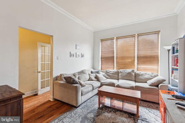 766 S 18th St, Philadelphia, PA 19146 - living room with ornamental molding, wood finished floors, french doors, and baseboards