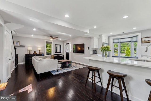 927 Annapolis Rd, Gambrills, MD 21054 - living room with baseboards, dark wood-type flooring, recessed lighting, and a ceiling fan