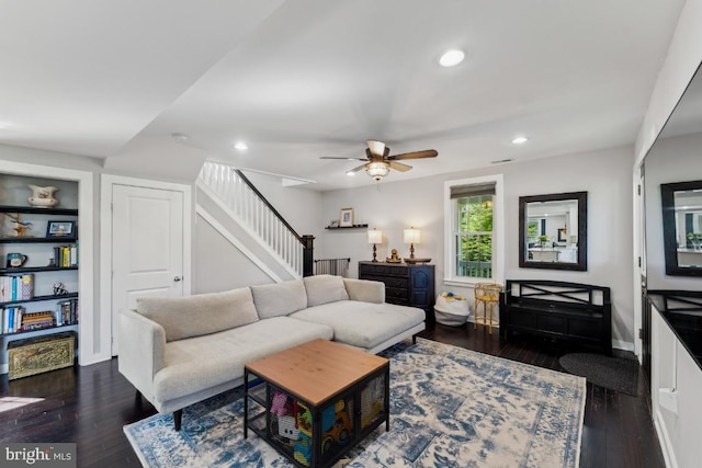 927 Annapolis Rd, Gambrills, MD 21054 - living room featuring stairway, recessed lighting, hardwood / wood-style flooring, a ceiling fan, and baseboards