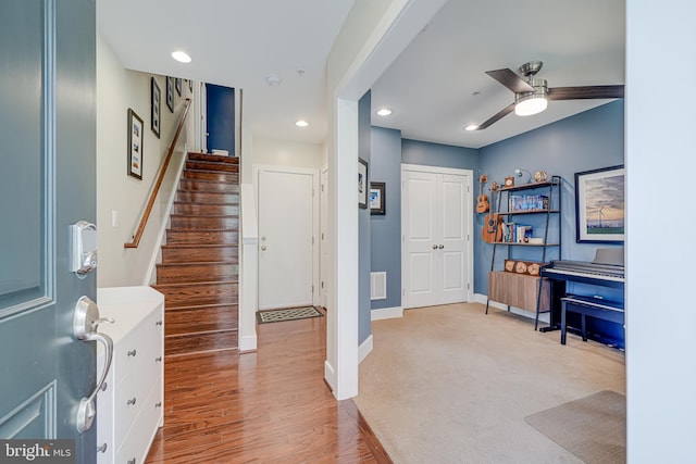 585 Regent Pl NE, Washington, DC 20017 - entryway featuring a ceiling fan, stairway, recessed lighting, baseboards, and light wood-type flooring