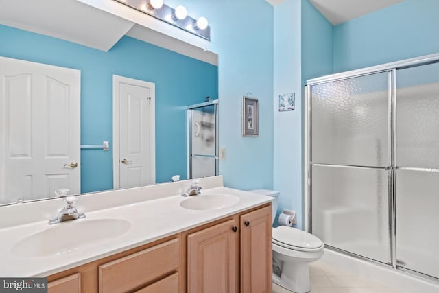 142 Wyndham Woods Way, Hatfield, PA 19440 - bathroom with a stall shower, toilet, double vanity, and tile patterned floors