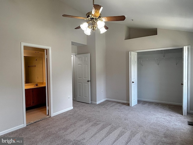 7930 Blue Gray Cir, Manassas, VA 20109 - unfurnished bedroom featuring carpet floors, high vaulted ceiling, a closet, ensuite bath, and a ceiling fan