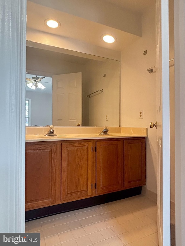 7930 Blue Gray Cir, Manassas, VA 20109 - bathroom with double vanity, tile patterned floors, recessed lighting, and a ceiling fan