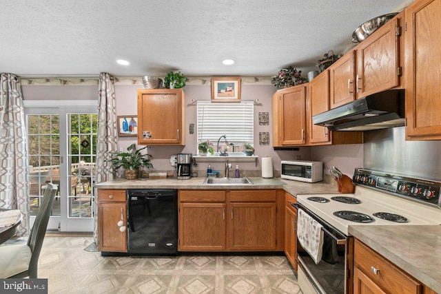 410 Kosoak Rd, Baltimore, MD 21220 - kitchen featuring range with electric stovetop, dishwasher, under cabinet range hood, a textured ceiling, and light flooring