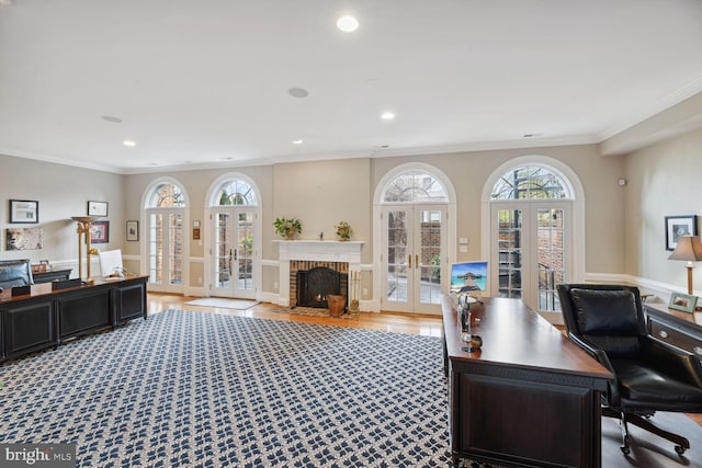 1225 Stuart Robeson Dr, Mclean, VA 22101 - office space featuring french doors, a brick fireplace, ornamental molding, wood finished floors, and recessed lighting
