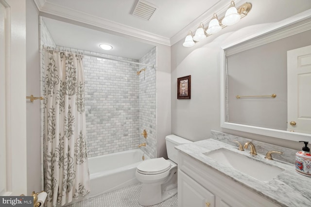 1225 Stuart Robeson Dr, Mclean, VA 22101 - full bath featuring shower / tub combo with curtain, toilet, vanity, ornamental molding, and tile patterned floors