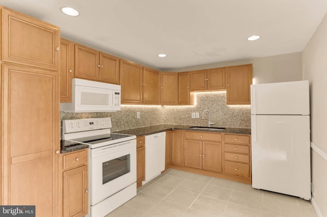 2053 Wintergreen Pl, Rosedale, MD 21237 - kitchen featuring white appliances, a sink, tasteful backsplash, light tile patterned floors, and recessed lighting