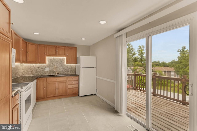 2053 Wintergreen Pl, Rosedale, MD 21237 - kitchen with white appliances, a sink, dark countertops, light tile patterned floors, and tasteful backsplash