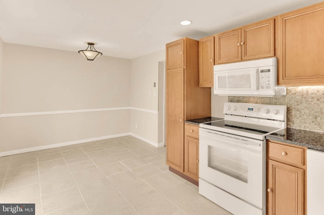 2053 Wintergreen Pl, Rosedale, MD 21237 - kitchen featuring white appliances, tasteful backsplash, light tile patterned floors, baseboards, and recessed lighting