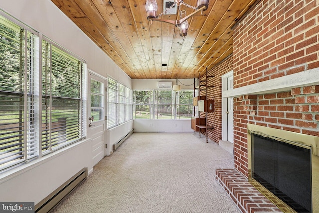 9307 Overlea Dr, Rockville, MD 20850 - unfurnished sunroom featuring wood ceiling, a baseboard radiator, carpet floors, brick wall, and a wall unit AC