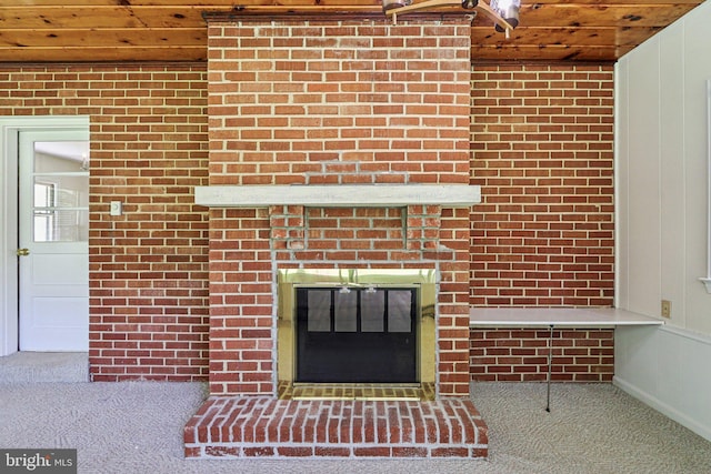 9307 Overlea Dr, Rockville, MD 20850 - detailed view of wooden ceiling, a brick fireplace, and carpet