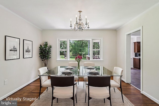 9307 Overlea Dr, Rockville, MD 20850 - dining space featuring a chandelier, dark wood-type flooring, baseboards, and crown molding