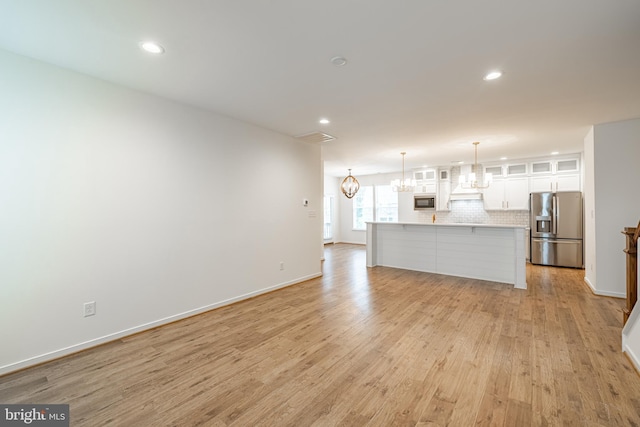 4005 Sweet Azalea Row, Glen Allen, VA 23059 - kitchen featuring stainless steel refrigerator with ice dispenser, white cabinets, light wood-style floors, a chandelier, and recessed lighting