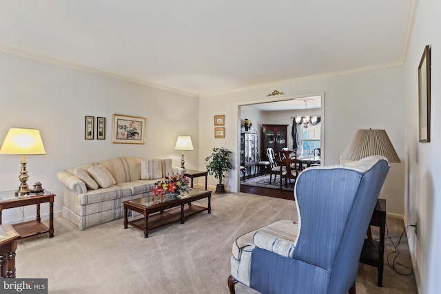 5512 Aspen Dale Ct, Ellicott City, MD 21043 - carpeted living room featuring crown molding, a chandelier, and baseboards