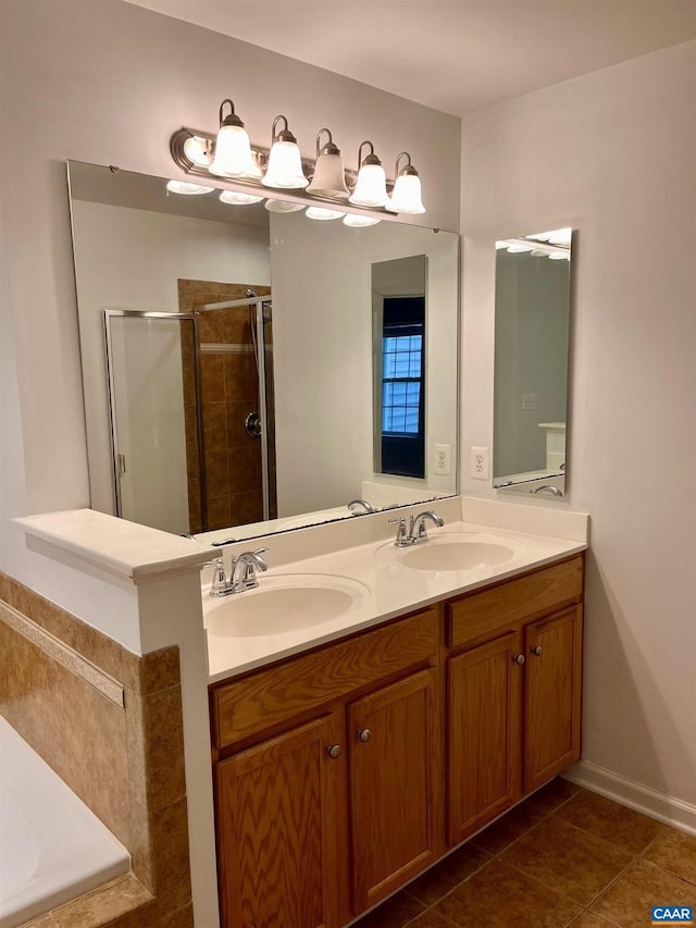 2733 Aldersgate Way, Charlottesville, VA 22911 - bathroom featuring a shower stall, double vanity, and tile patterned floors