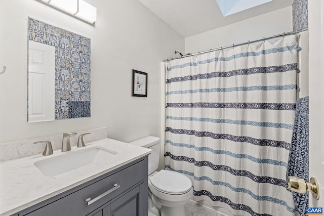 6 Axle Tree Rd, Palmyra, VA 22963 - full bathroom with toilet, vanity, marble look tile flooring, curtained shower, and a skylight