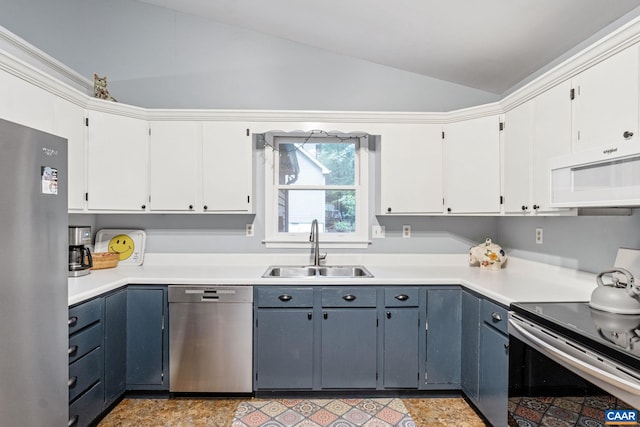 6 Axle Tree Rd, Palmyra, VA 22963 - kitchen featuring stainless steel appliances, a sink, vaulted ceiling, light countertops, and white cabinetry