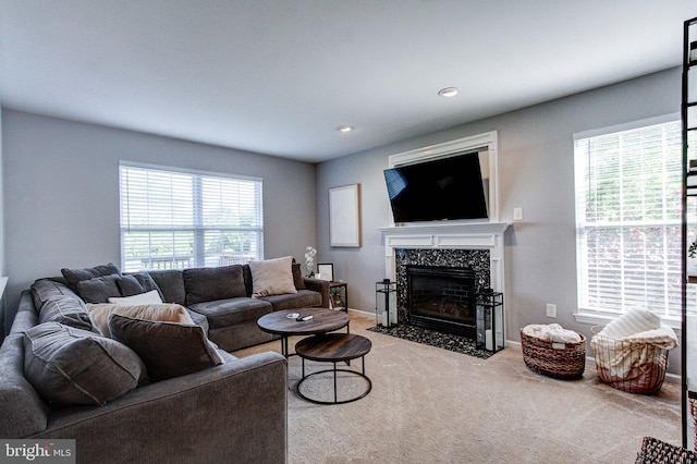 812 Red Rock Cir, Royersford, PA 19468 - living area with a premium fireplace, carpet floors, recessed lighting, and baseboards