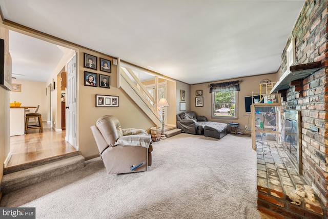 312 Walnut Ave, Marlton, NJ 08053 - living room featuring carpet, stairway, and a brick fireplace