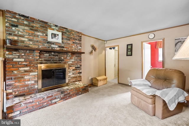 312 Walnut Ave, Marlton, NJ 08053 - carpeted living room with a brick fireplace, ornamental molding, and baseboards