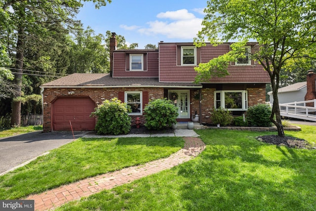 312 Walnut Ave, Marlton, NJ 08053 - view of front of house with brick siding, an attached garage, asphalt driveway, a front lawn, and a chimney