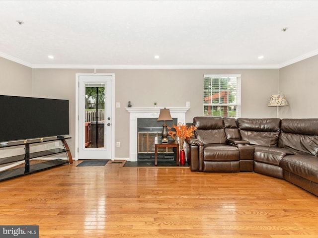 20523 Staffordshire Dr, Germantown, MD 20874 - living room featuring hardwood / wood-style floors, ornamental molding, recessed lighting, a fireplace with flush hearth, and baseboards
