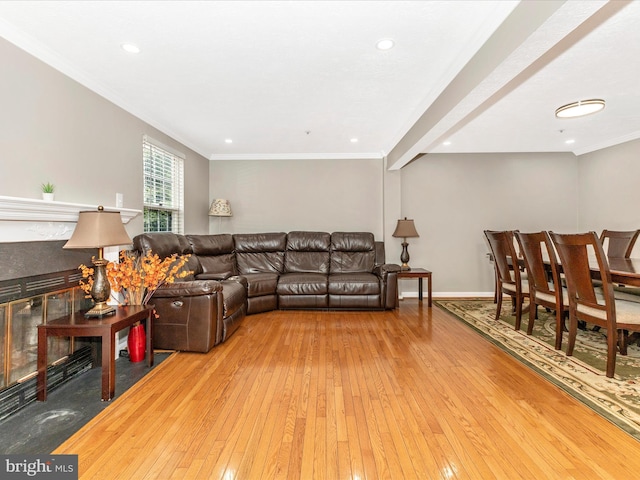 20523 Staffordshire Dr, Germantown, MD 20874 - living area with wood-type flooring, ornamental molding, baseboards, and recessed lighting