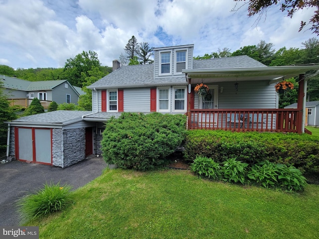 1221 Valley View Rd, Bellefonte, PA 16823 - view of front of house with a front lawn, a chimney, a shingled roof, and covered porch