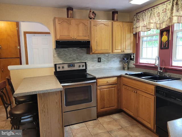 1221 Valley View Rd, Bellefonte, PA 16823 - kitchen featuring black dishwasher, stainless steel electric range, exhaust hood, a sink, and light tile patterned floors