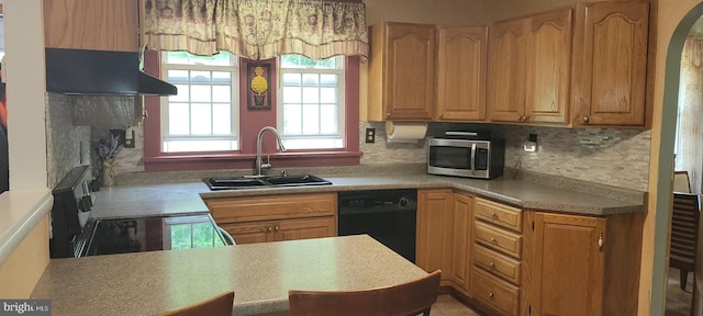 1221 Valley View Rd, Bellefonte, PA 16823 - kitchen featuring black dishwasher, stainless steel microwave, a sink, decorative backsplash, and electric stove