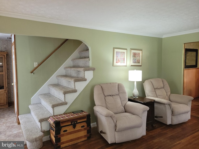 1221 Valley View Rd, Bellefonte, PA 16823 - living area featuring ornamental molding, stairs, and wood finished floors