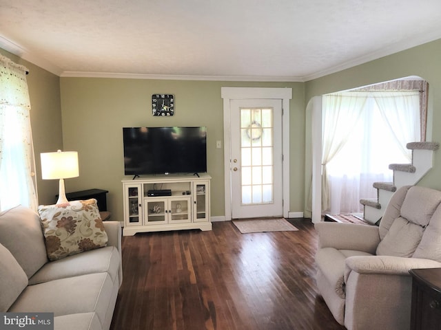 1221 Valley View Rd, Bellefonte, PA 16823 - living area featuring wood finished floors, crown molding, baseboards, and stairs